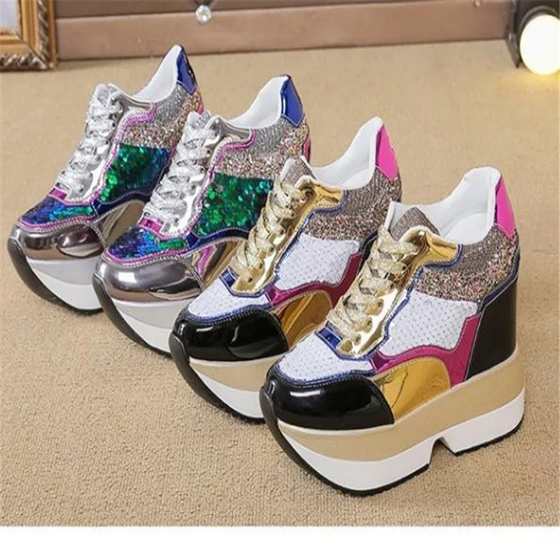 size 34 40 New arrival  Autumn Fashion casual shoes women High Platform Shoes 13 cm thick soled female Trainers Gold Silver