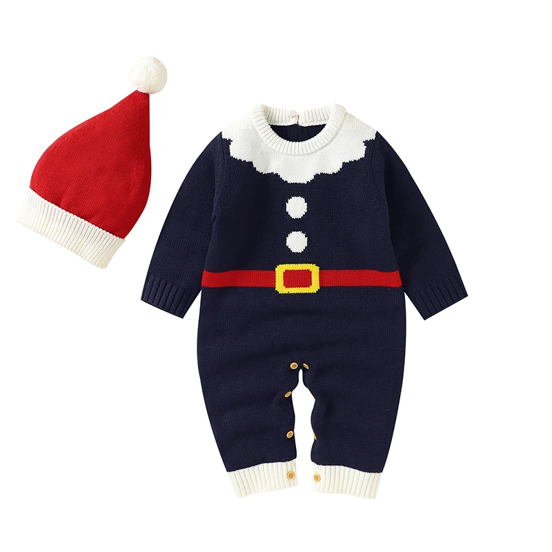 Christmas Baby Romper Knitted Newborn Child Santa Claus Playsuit Long Sleeve Infant Boy Girl Clothing Hat Winter Jumpsuit Outfit