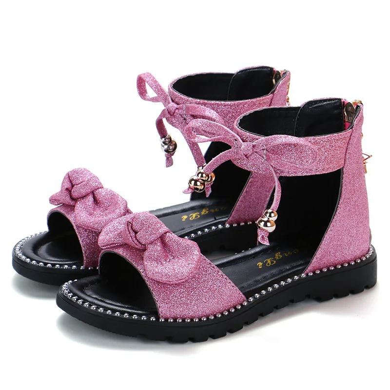 

New 2023 Summer Girls Sandals Fashion Bowknot Zipper Princess Girls Shoes Children Kids Baby Party Flat Sandals Shoes A857