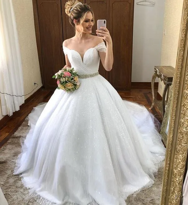 Vestido de novia de fiesta de hada hermosa, con hombros descubiertos vestido de novia, brillante, brillante, faja de cristal con cuentas, encaje hecho a medida