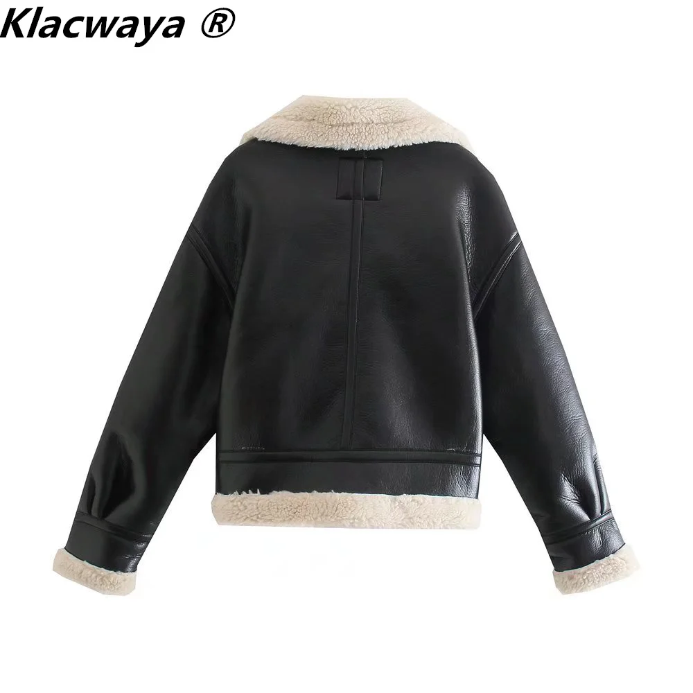 Klacwaya Faux Pelzmantel Frauen Winter Jacke Für Frauen 2021 Vintage Kleidung Leder Jacke Reißverschlüsse Casual Plüsch Schwarz Jacke