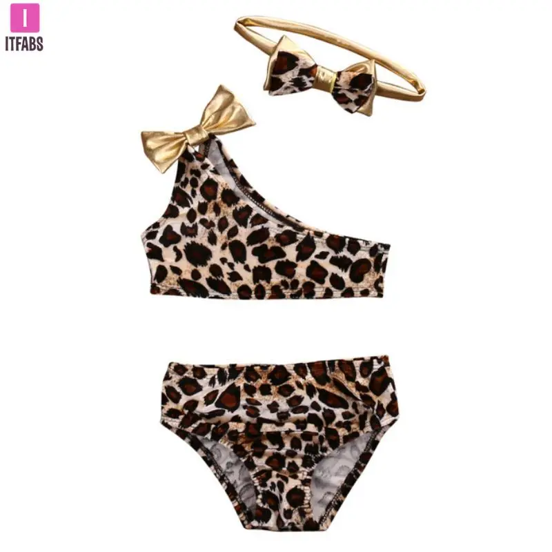 3pcs Summer Baby Girls Clothes Bikini Set  Kids Leopard Bow Bikini Swimwear Swimsuit Bathing Suits New