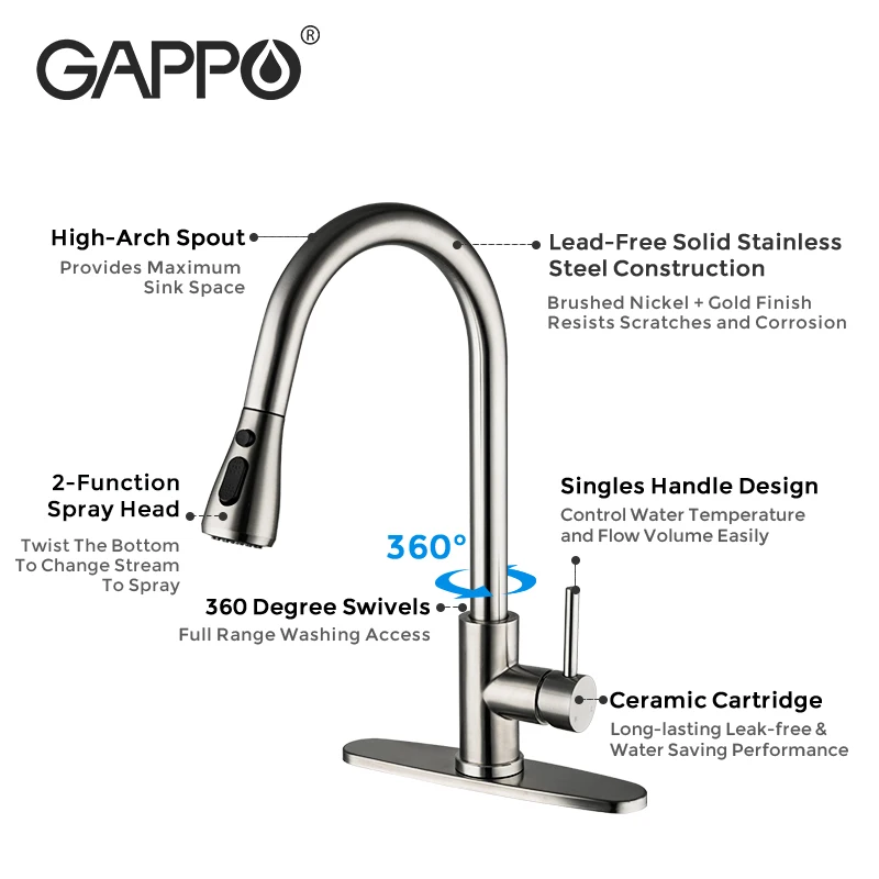GAPPO Stainless Steel Kitchen Faucet Pull Out Kitchen Sink Single Handle Mixer  Water Tap 360 Rotation Kitchen Shower Faucets