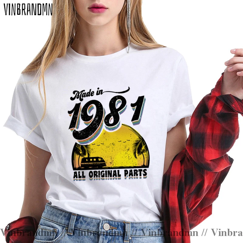 Funny Made In 1981 40 Years of Being Awesome 40th Birthday Print Joke T-shirt Wife Casual Short Sleeve Cotton T Shirts women Tee