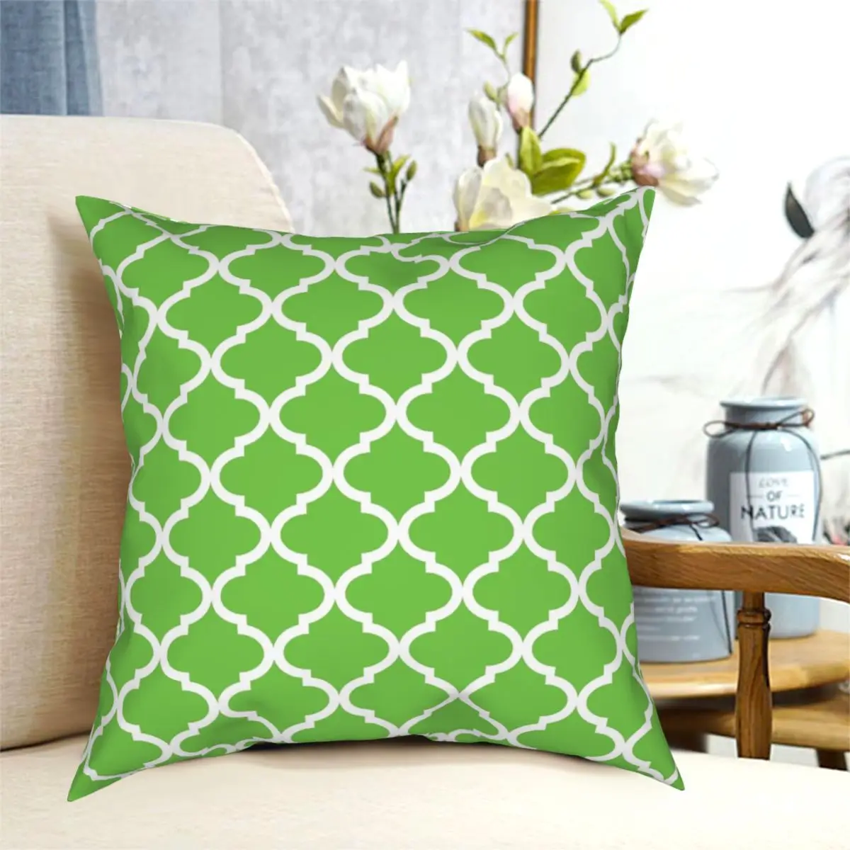 Bold Lime Green White Quatrefoil Pattern Square Pillowcase Polyester Pattern Zipper Decor for Sofa Cushion Cover