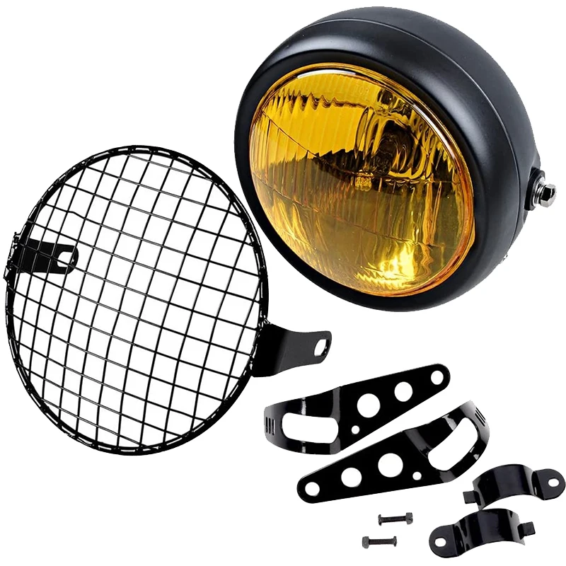 DHBH-Retro Vintage Motorcycle Universal Side Mount 35W 6.5 inch Amber Headlight Café Racer with Grille + Bracket Kit