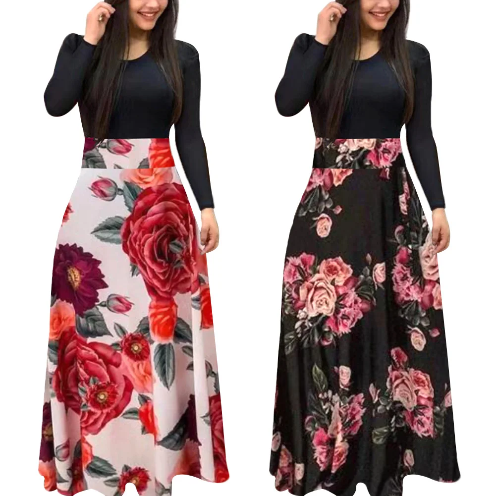 Đảng Nữ Hoa Da Báo Miếng Dán Cường Lực Tay Dài Lớn Swing Maxi Đầm Áo Dây Đầm Thanh Lịch Nữ Vestidos