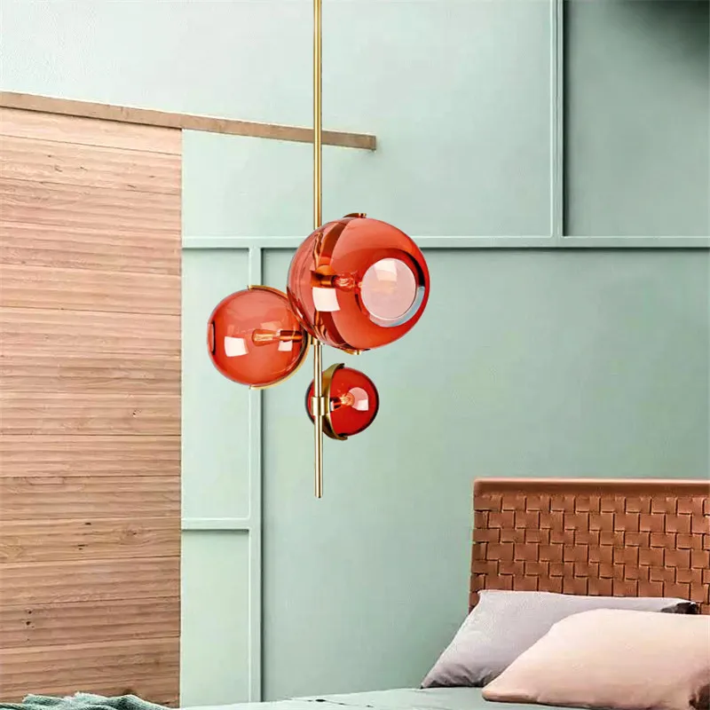 Nordic red glass globe chandelier restaurant shop modern italian design lamp minimalist bedroom room creative cafe lighting