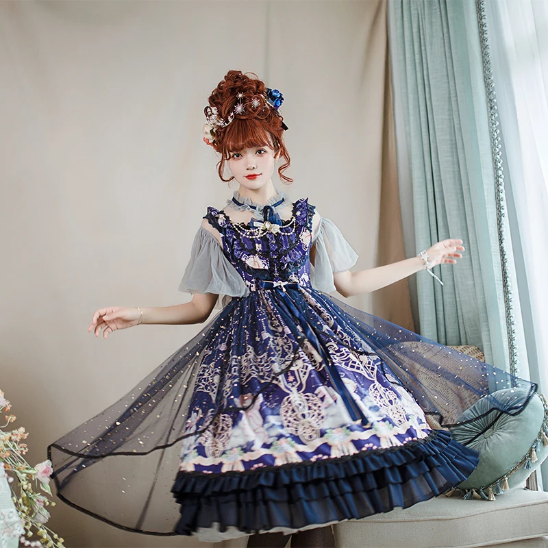 Paleis Prinses Zoete Lolita Jurk Vintage Kant Strik Hoge Taille Afdrukken Victoriaanse Jurk Kawaii Meisje Gothic Lolita Jsk Loli