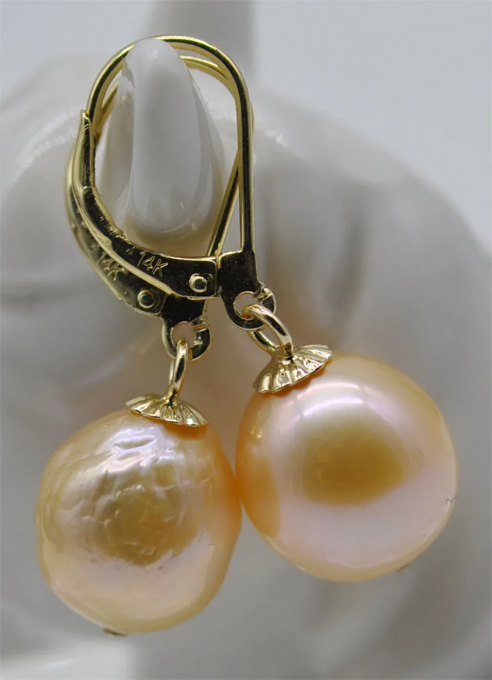 HABITOO Gorgeous 12-13mm South Sea Baroque Gold Pink Pearl Earring 14k Earring Ladies Pearl Earrings Jewelry Gift for Women