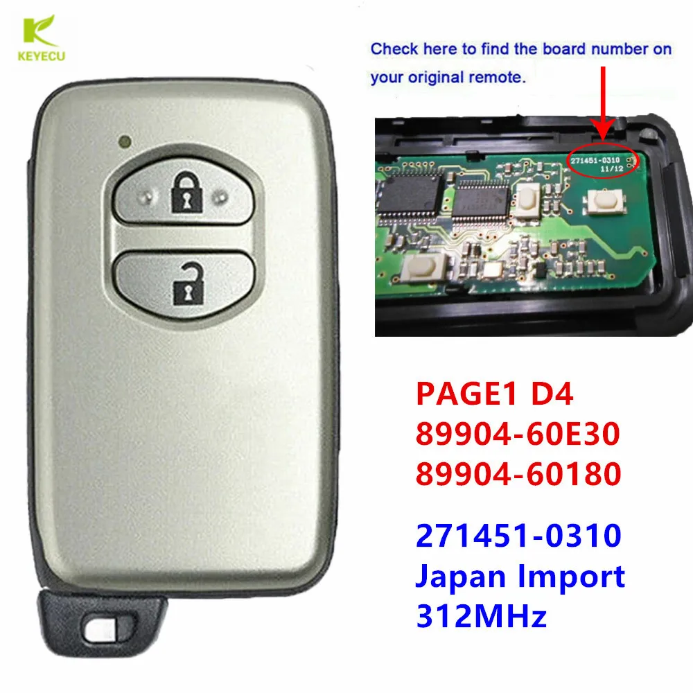 KEYECU Replacement 2 Button Smart key Keyless 271451-0310 FOB for Toyota Land Cruiser 2008 2009 Japan Import 312MHz