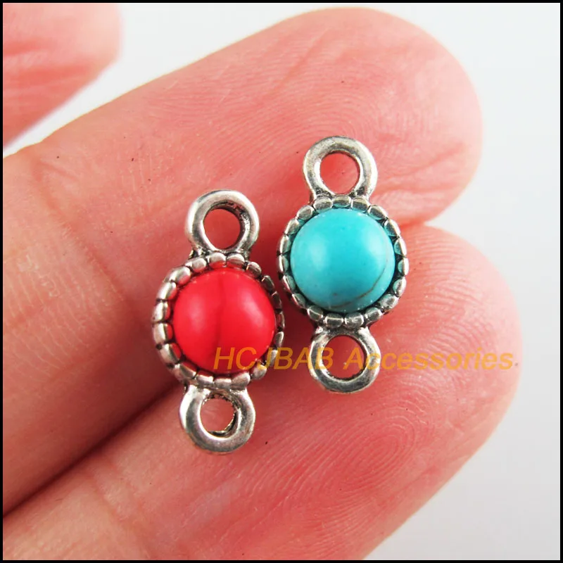 20Pcs Tibetan Silver Tone Flower Red & Blue Stone Round Charms Connectors 7x13.5mm