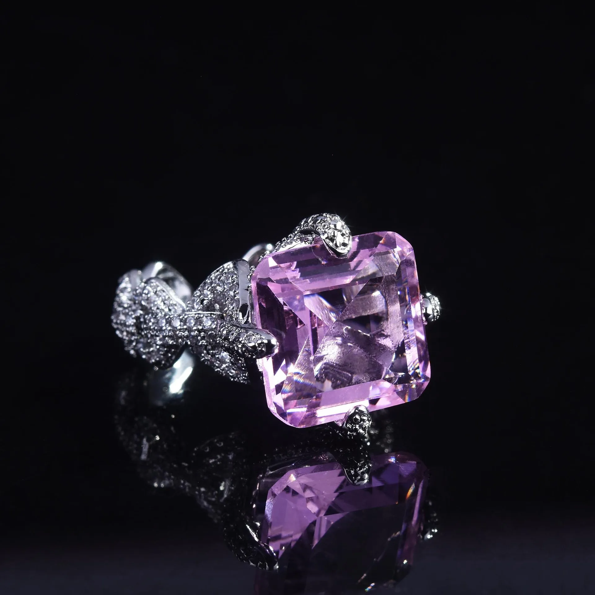 Único artesanato de prata incrustada cheia diamante quadrado roxo cristal requintado luxo senhoras abrir anel ajustável