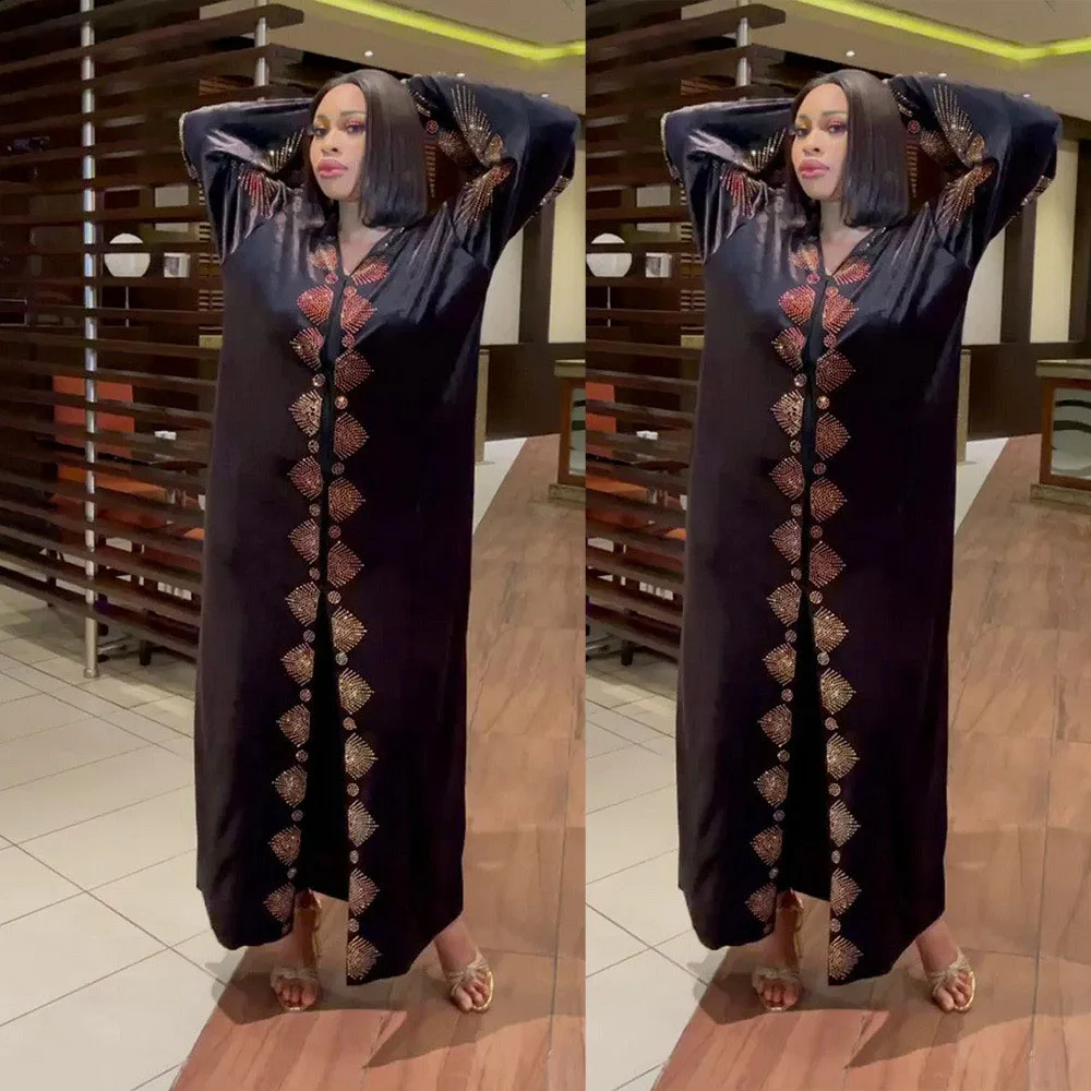 African Dresses for Women 2024 New Velvet African Women Plus Size Black Long Dress African Kanga Clothing Nigeria Evening Robe