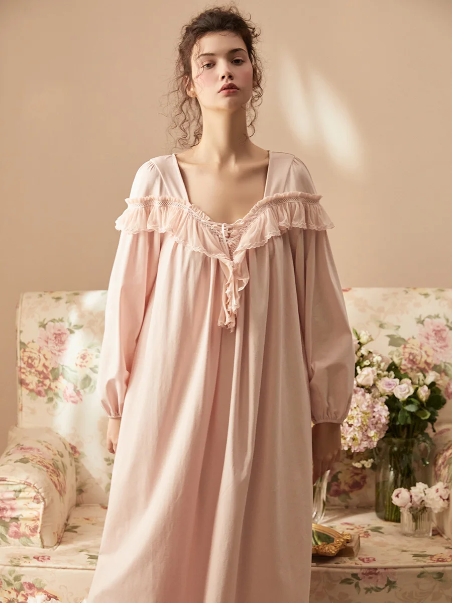 Spring Autumn Gorgeous Long Nightgowns For Women Delicate Solid Color Elegant Cotton Sleepwear Home Long Dress