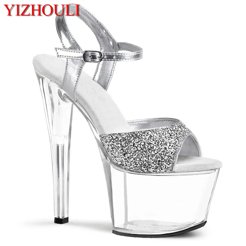 

7 inch stiletto with open toes, summer women's 17 cm stiletto sandals, silver sequined vamp stage party sandals