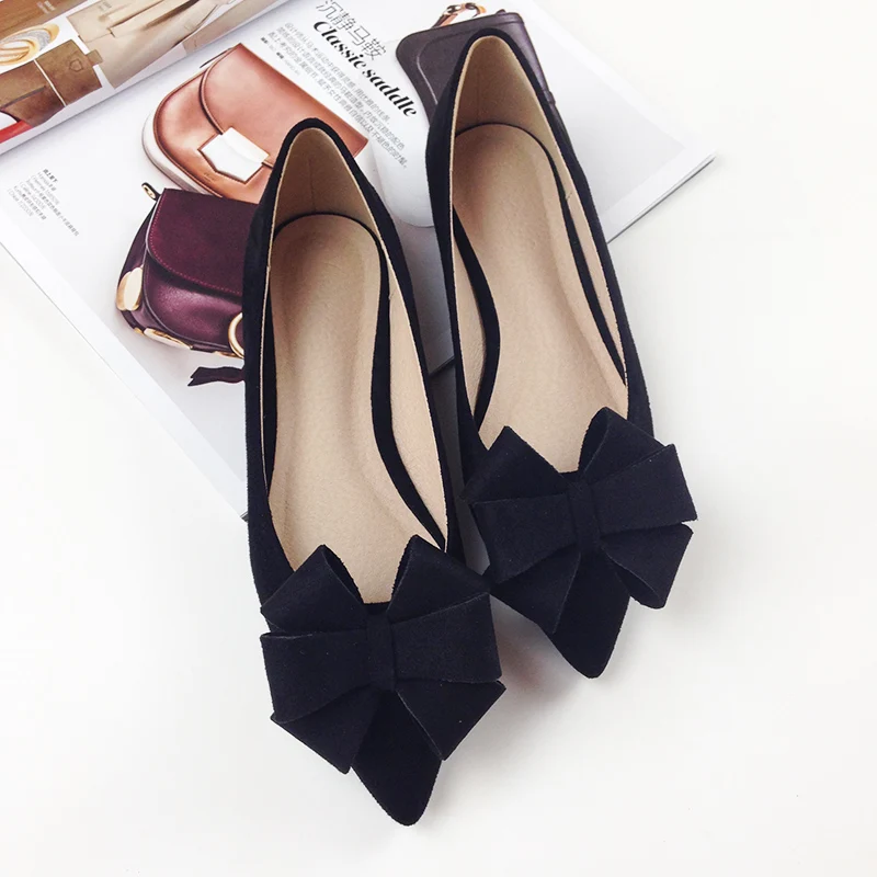 2022 Autumn New Bow Pointed Toe Flat Shoes Women Wedding Shoes Flock Leather Big Bowknot Solid Color Plus Small Size 33 34 43 44