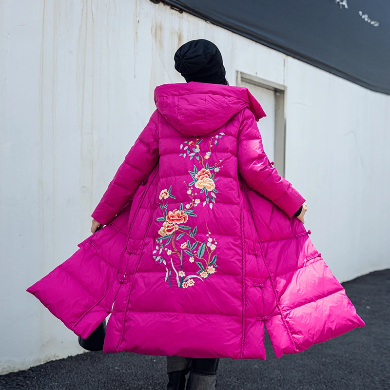 Chaqueta de algodón bordada para mujer, de estilo étnico Parka larga y gruesa, retro, con botón de disco de autocultivo