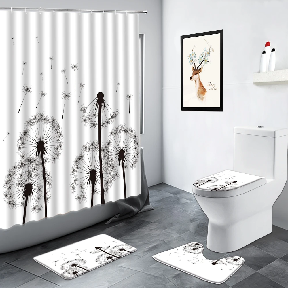 

Черная ручная роспись Одуванчик занавеска для душа растения скандинавский Декор занавеска s коврики коврик для ванной нескользящий Ковер Крышка для туалета комплекты для ванной комнаты