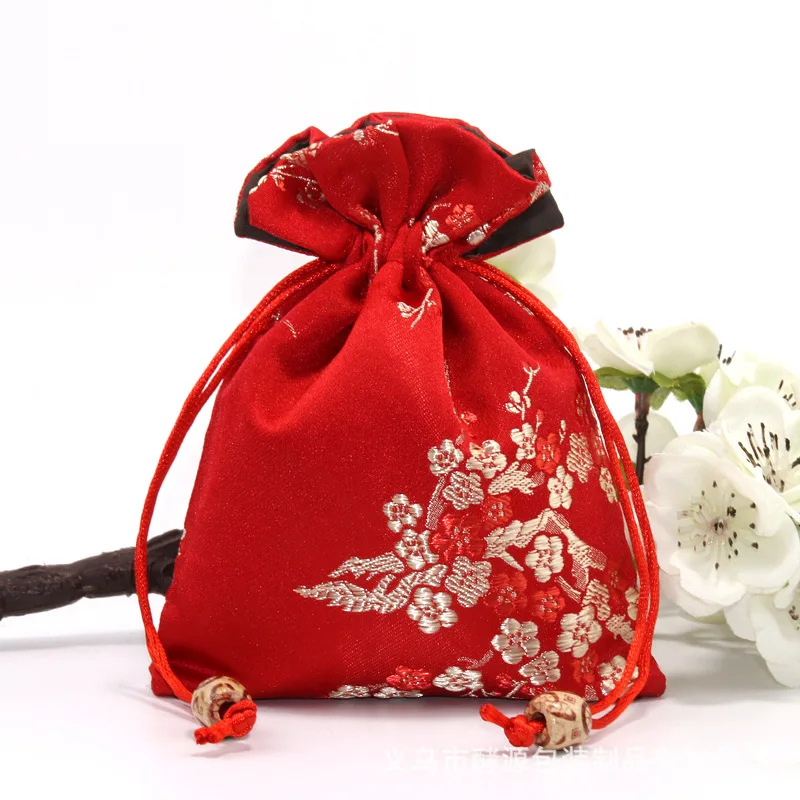 Happy New Year Jewelry Packing Gift Bags Pouches Satin Embroidered Vintage Storage Bag Drawstring Adjustable Wedding Birthday