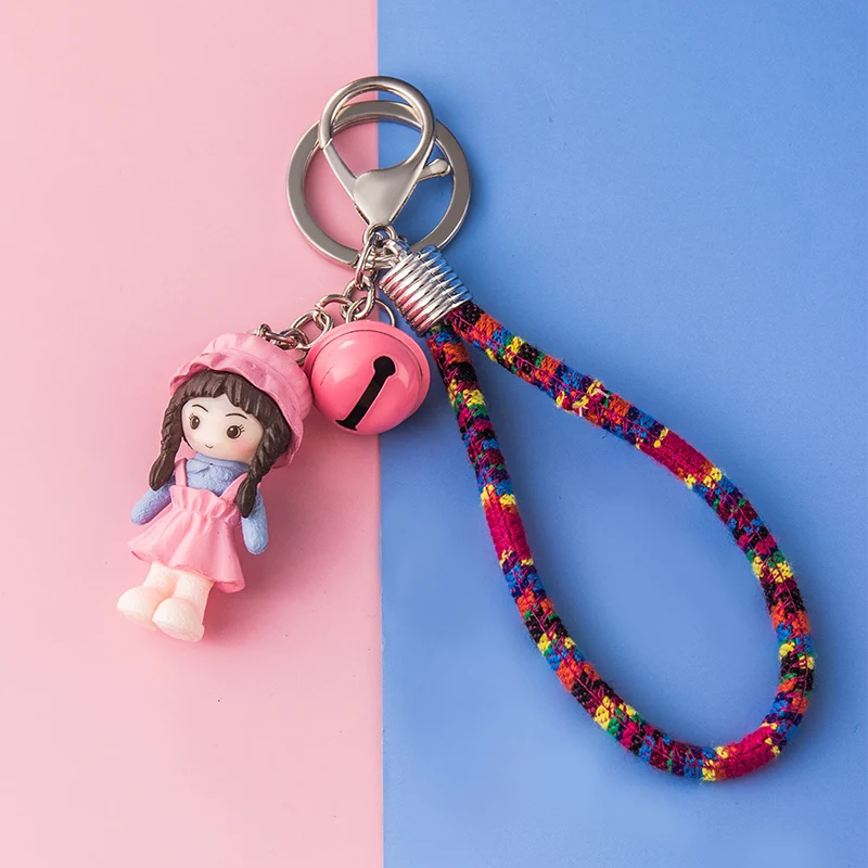 Kawaii Couple Lover Doll Metal Keychain Bell Trinket Girl Boy Pendant Bag Car Key Ring Jewelry Braided Lanyard Accessory Gift