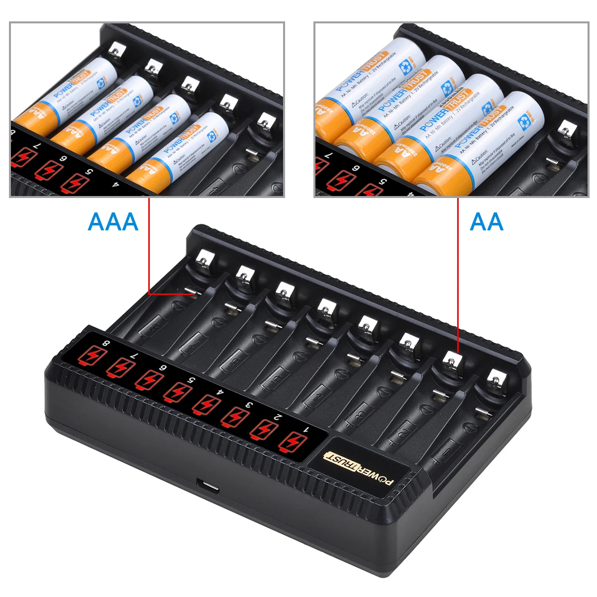 AA AAA Battery Charger 8 Slots Fast Charge with LCD Display for AA AAA Ni-MH Rechargeable Batteries