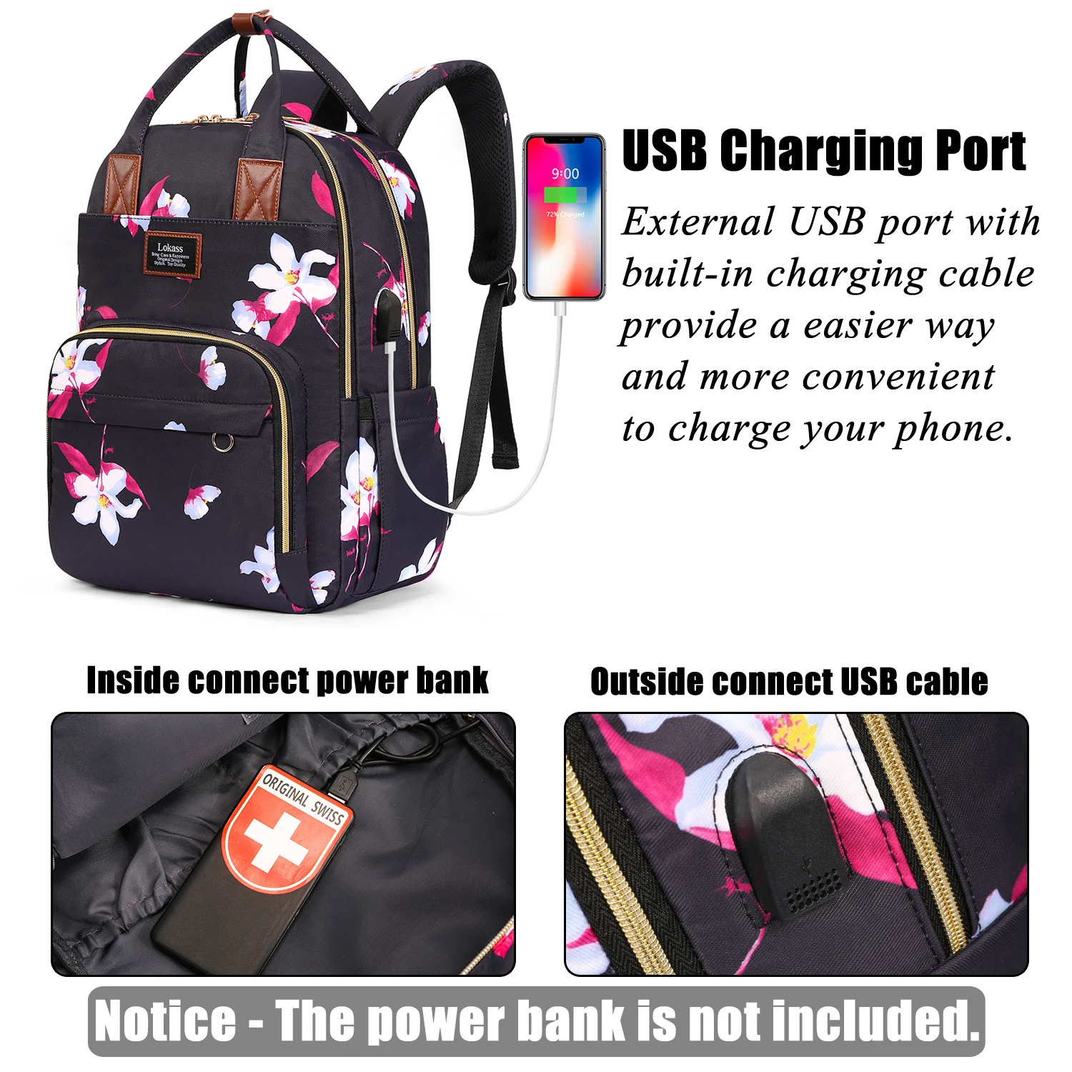 LOKASS-USB Carregamento Mochilas para Mulheres, Mochila Escolar para Meninas, Moda Empresarial, Mochila Laptop, 15.6\