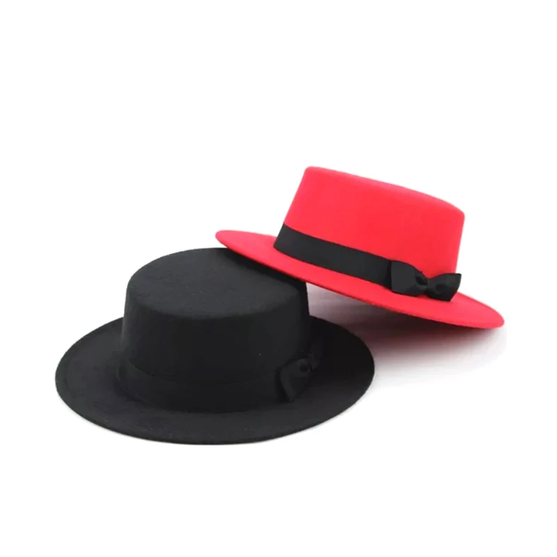 New artificial wool Jazz Felt Flat Top Hat Autumn Winter For Women\'s Felt Wide Brim Fedora Hat gorros mujer invierno Top Hat