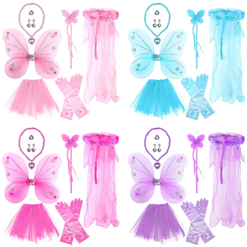 สาวฮาโลวีนชุดเล่นบทบาท Tulle Tutu กระโปรงคู่ชั้นปีกผีเสื้อ Magic Wand Headwear ต่างหูอุปกรณ์เสริมชุด