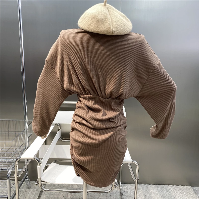 New Brand Original Design 2021 Waist Fold Wrap Hip Short Skirt Goddess Round Neck Long Sleeve Versatile Thin T-shirt Dress