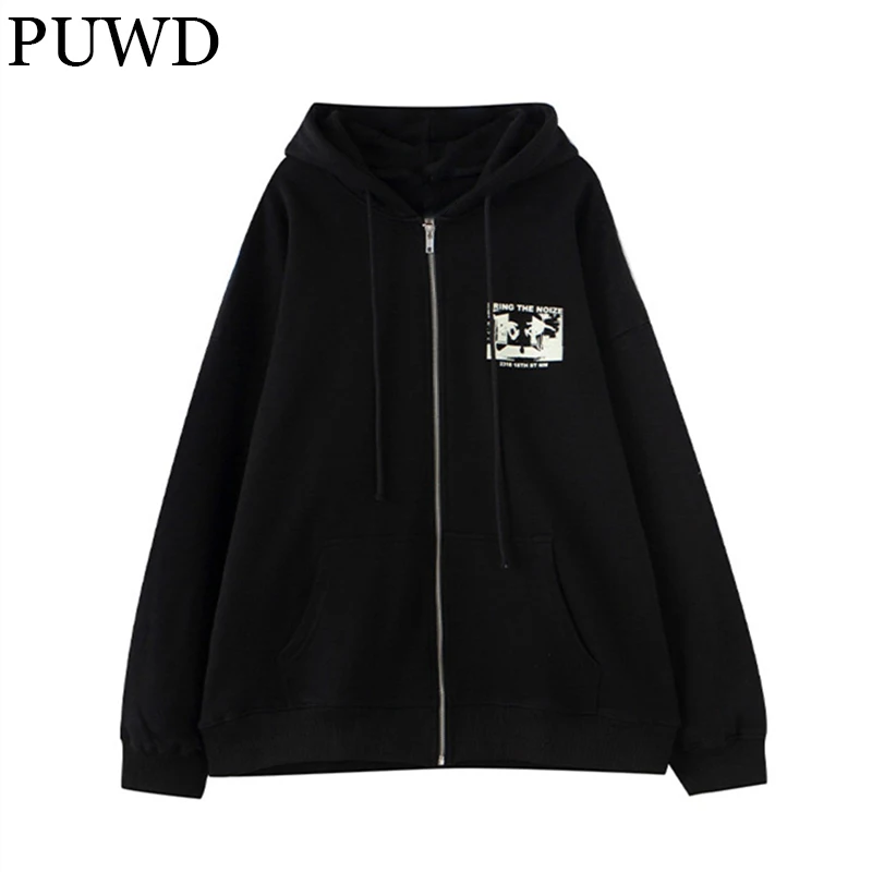 

PUWD Sweet Girls Print Black Oversize Hoodies 2022 Autumn Fashion Ladies Loose Streetwear Hooded Cardigan Casual Women Chic Tops