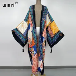 Osłona do Bikini-up traf bawełna słodka dama różowa Boho nadruk z wszytym paskiem przód otwarty długi Kimono sukienka tunika plażowa kobiety sukienki typu Wrap