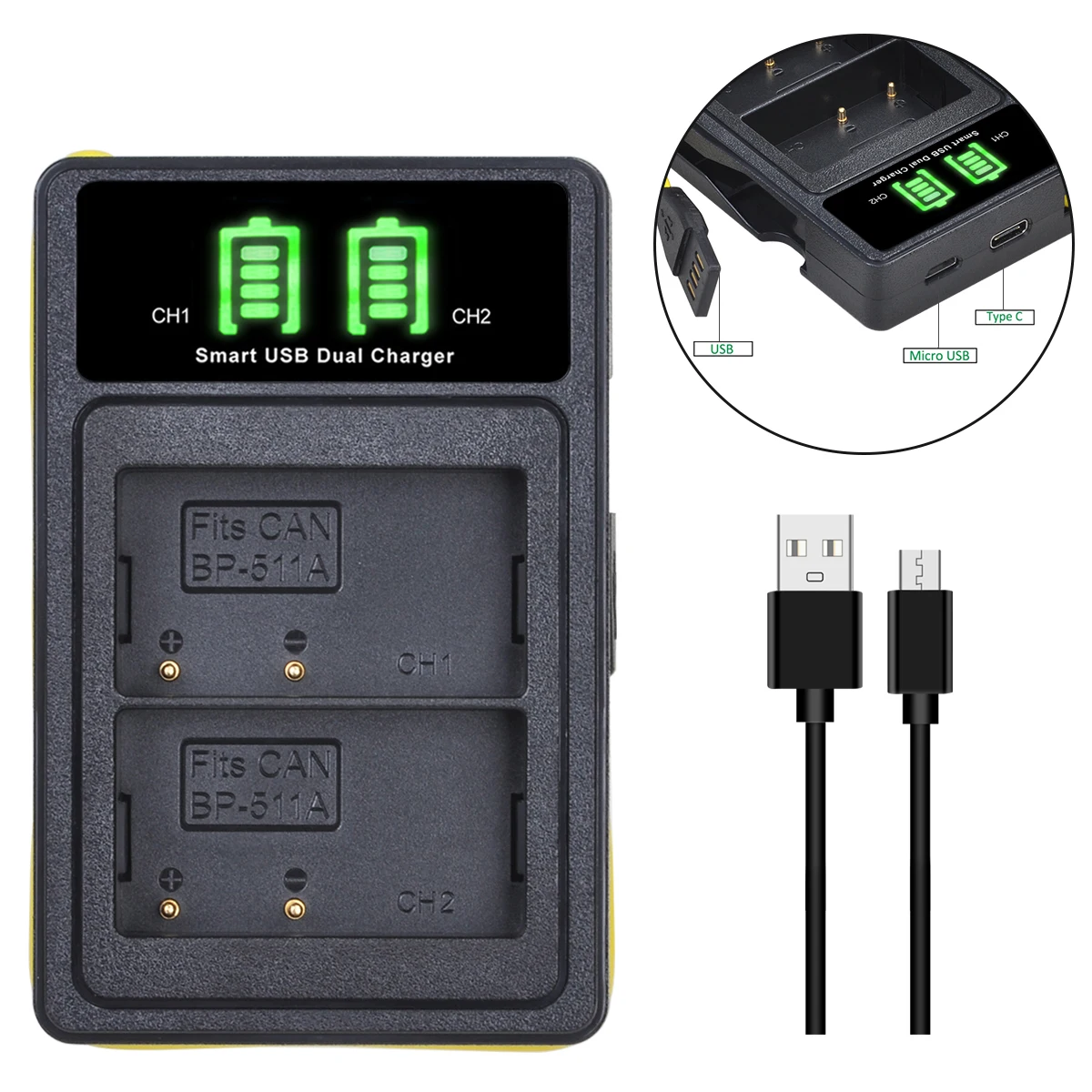 Batteria BP-511 E Caricatore Micro USB – Ricambio Per Canon EOS 10D/20D/30D/40D/50D/5D