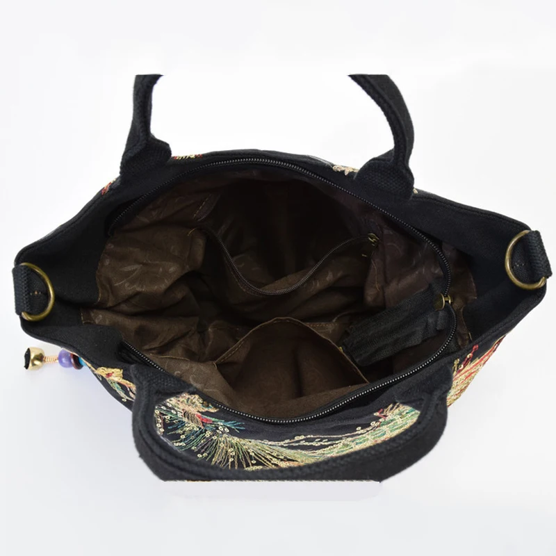 Einkaufstasche mit Pailletten im Ethno-Stil, Handtaschen mit Pfauenstickerei, Vintage-Umhängetasche aus Segeltuch – Detail 11
