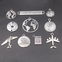20pcs Mix Silver Plated Enjoy The Journey/World Map/Compass/Airplane/Passport/Pendants DIY Charms Travel Jewelry Crafts Making