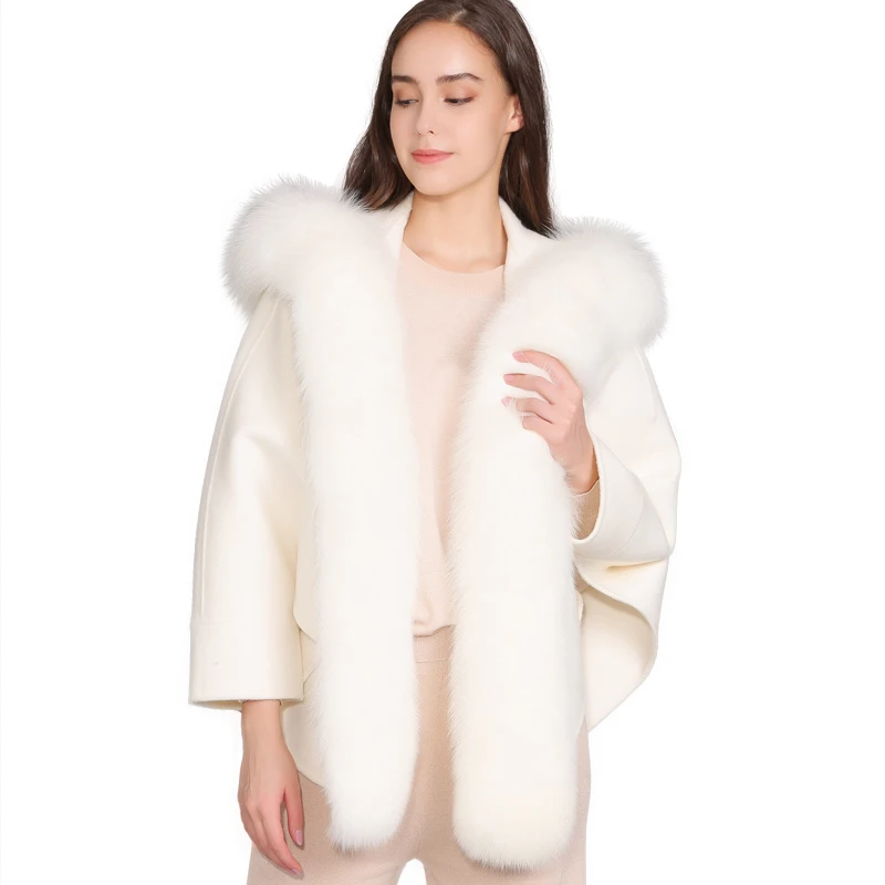 Jxwatcher, abrigo de invierno para mujer, abrigos de lana cálidos elegantes, abrigo de mezcla de Cachemira con capucha de piel de zorro Real a la moda de estilo coreano para mujer, abrigo de otoño