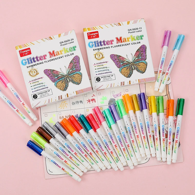 12/24สีอะคริลิค Glitter Markers ปากกาสีสำหรับจิตรกรรม Scrapbooking DIY Craft อุปกรณ์ศิลปะ,การ์ด,สี