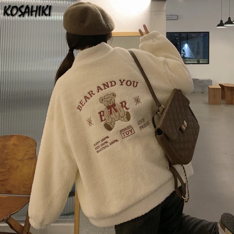 KOSAHIKI 2024 Autumn Winter New Fur Coat Womens Cartoon Bear Embroidery Lamb Wool Ladies Faux Jacket Japanese Harajuku