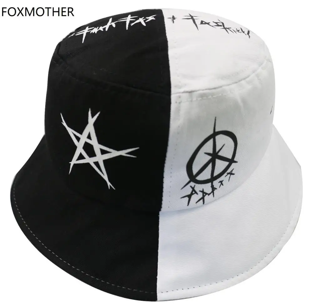 FOXMOTHER New Summer Man Gorros Black White Color Star Eye Graffiti Fisherman Hat Men Bucket Hats Hip Hop