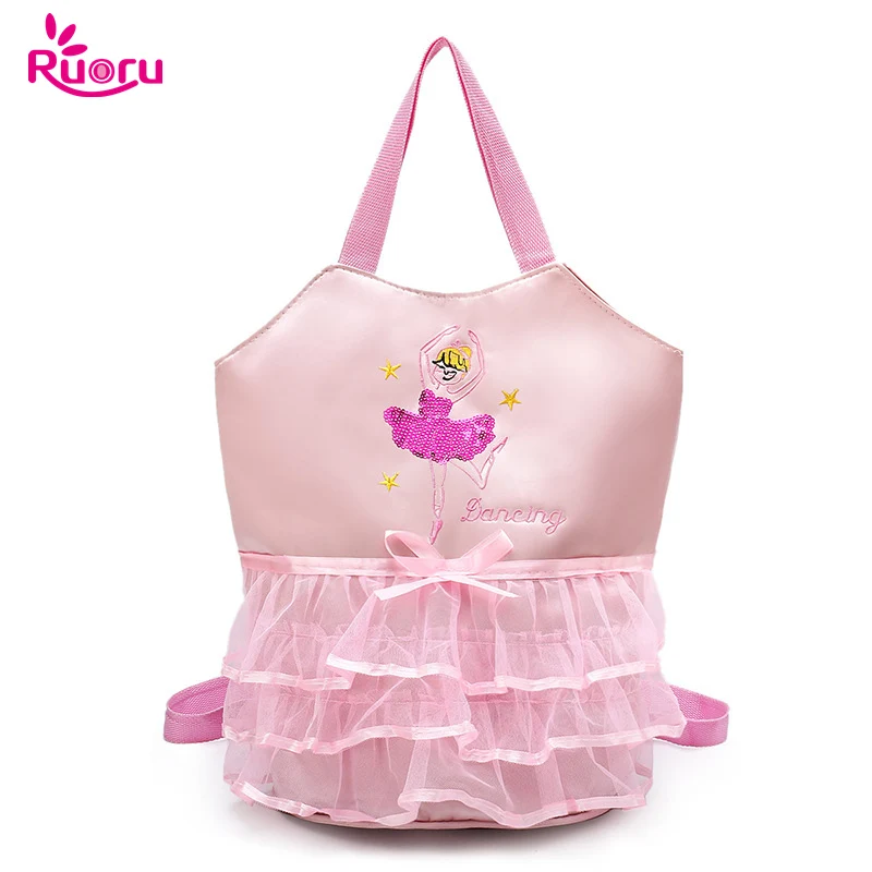 Ruoru Girls Pink Ballet Dance Bag Students Backpack Embroidered Ruffled Handbag Children Ballerina Bag Kid Gymnastics Backpack