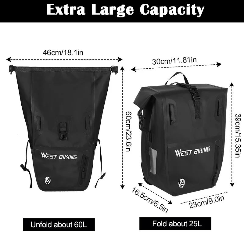 WEST BIKING Bicycle Trunk Bag TPU 100% Waterproof MTB Road Bike Panniers 25L Large Capacity Shoulder Bag Cycling Accessories