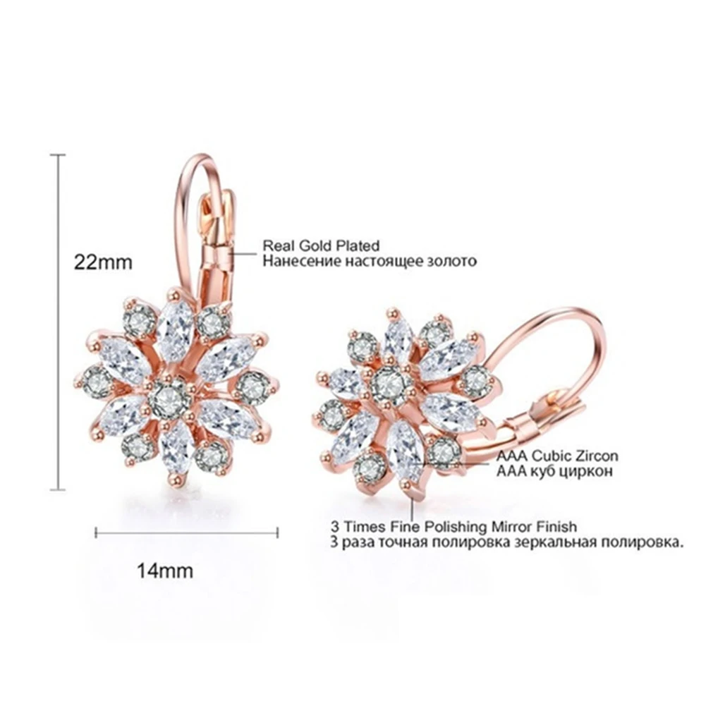 New Fashion Rose Gold Color Stud Earring for Women Flower Zircon Simple Handmade Jewelry Prevent Allergy