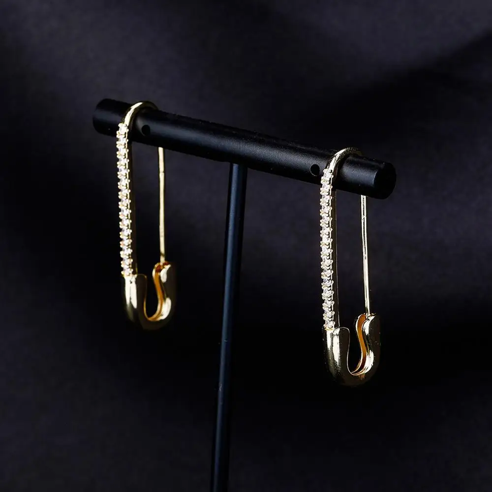 TOPGRILLZ Safety Pin Chain Earring Iced out Cubic Zirconia Pin Earring Hip Hop Fashion Charm Party Jewelry For Gift Men Women