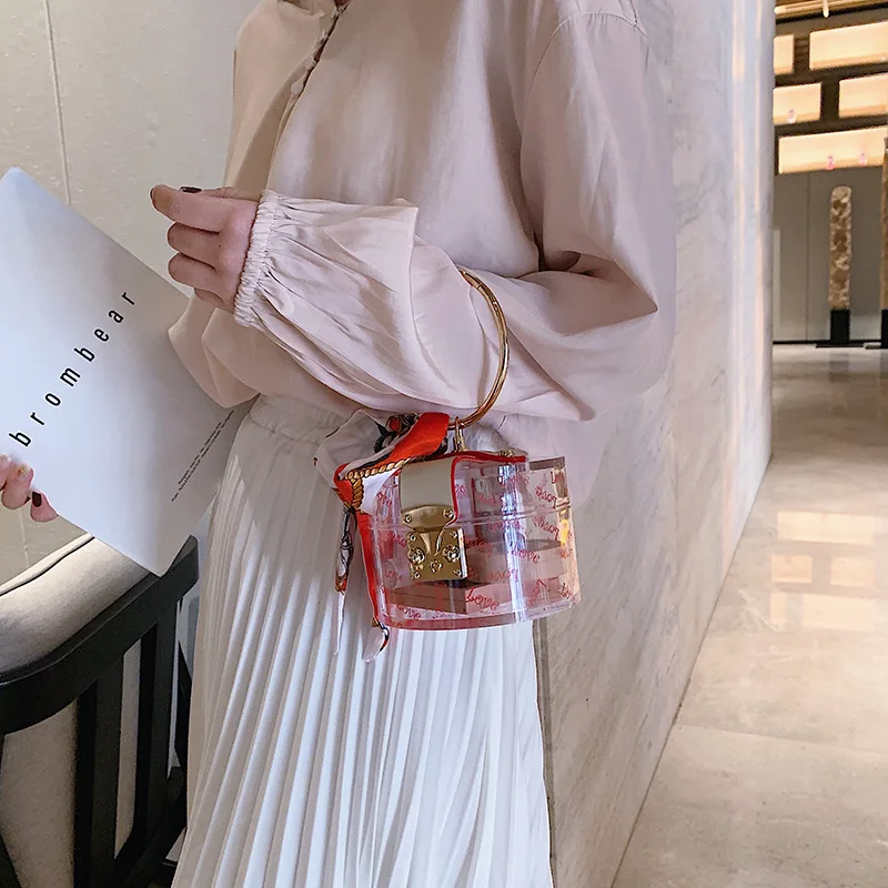 Moda damska Mini torebka metalowy pokrowiec z rączką kształt akrylowa kopertówka z Scraf damska torebka imprezowa łańcuch damski Crossbody Bag