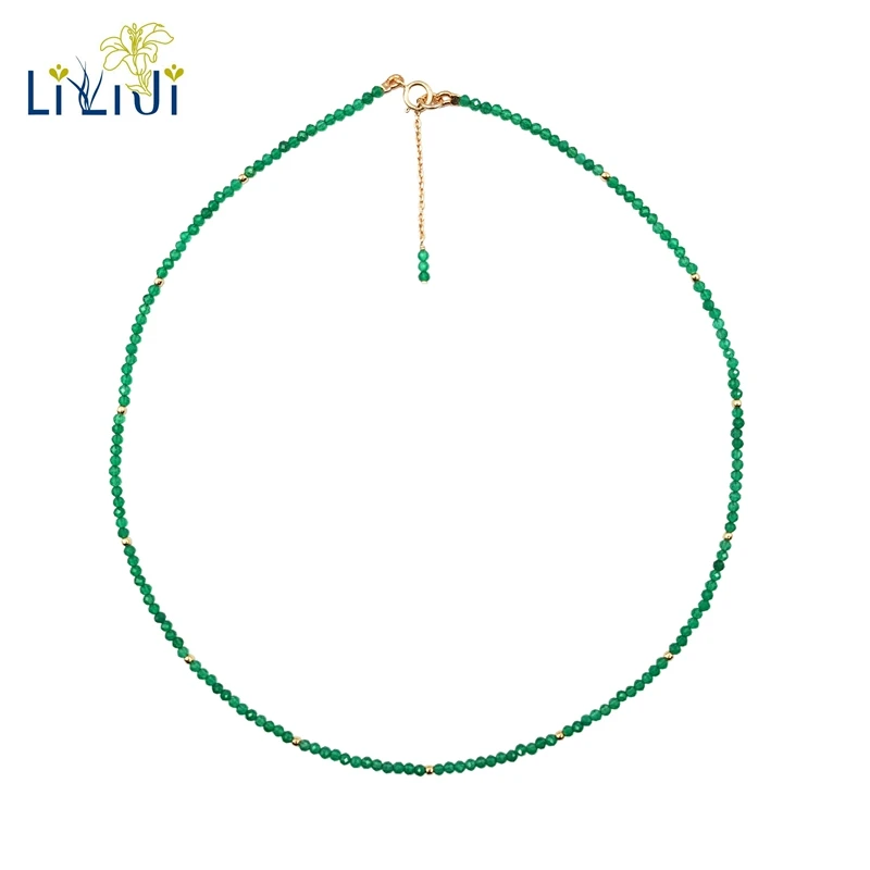 

LiiJi Unique Real Green Onyx 2mm Faceted Tiny Beads 925 sterling silver Yellow Gold Color Choker Shining Necklace