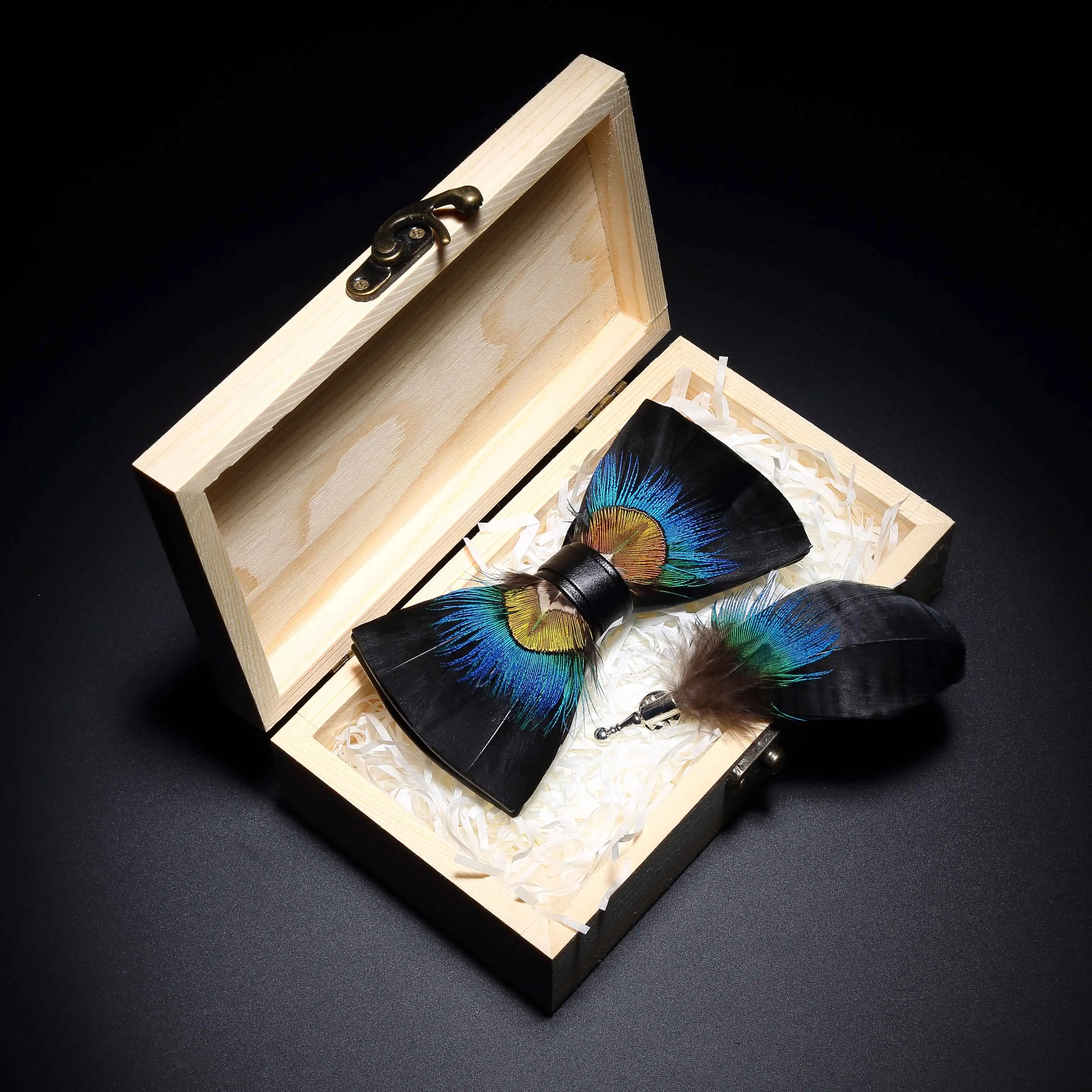 RBOCOTT 2019 Original Design Bow Ties Feather Bowtie Exquisite Handmade Men's Bow Tie Brooch Pin Wooden Gift Set for Men Wedding