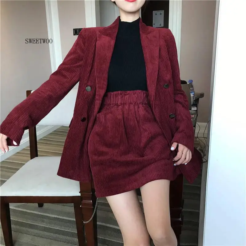 Blazer de pana para mujer, chaqueta elegante con cuello de muesca, doble botonadura, color rojo vino, Otoño, 2020