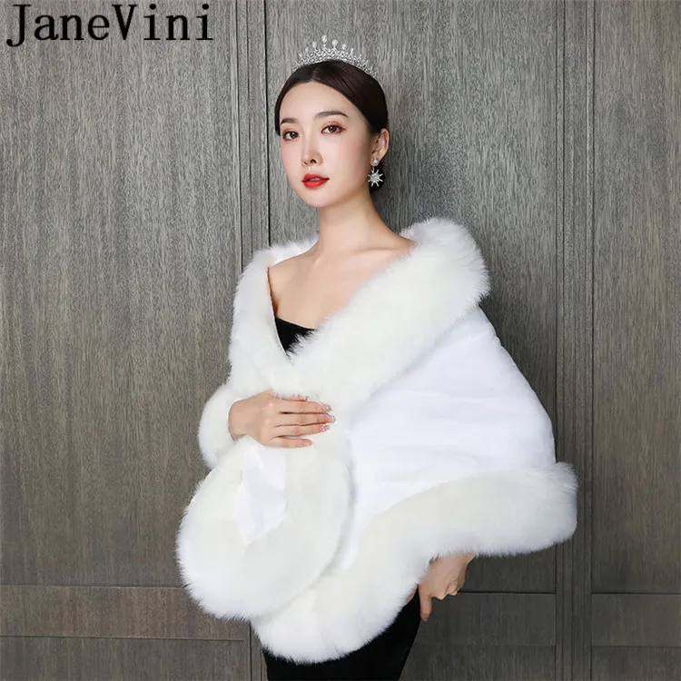 JaneVini 2020 White and Ivory Faux Fur Wrap Shawl Party Bolero Bridal Fur Boleros Formal Capes Winter Wedding Coats for Brides