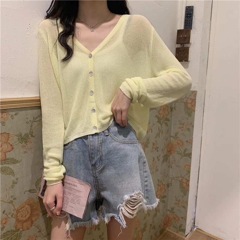 Summer Cardigan Long Sleeve Knitted Sweater Women Korean Short Sunscreen Cropped Cardigan Loose V-neck Solid Color Thin Tops