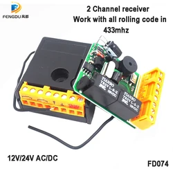 Universal DC garagem porta controlador remoto, Rolling Code, RF, módulo receptor de relé, Rolling Code, 433MHz, 12V, 2CH, 819PCs Capacidade